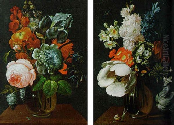 Primulae, Tulips, Narcissi And Other Flowers In Glass Vase - view 1