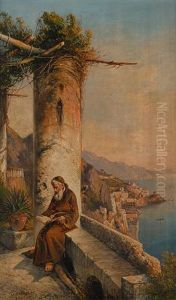 Lesender Monch Mit Blick Auf Die Kuste Von Amalfi by Consalvo Carelli