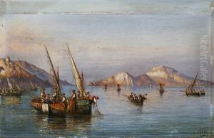 Fischer Mit Ihren Booten Vor Capri In Der Abendsonne by Consalvo Carelli