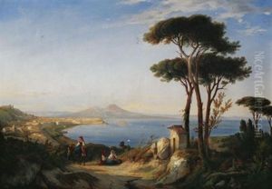 Blick Auf Die Bucht Von Neapel Mit Dem Vesuv. Vorn Eine Familie Auf Dem Weg