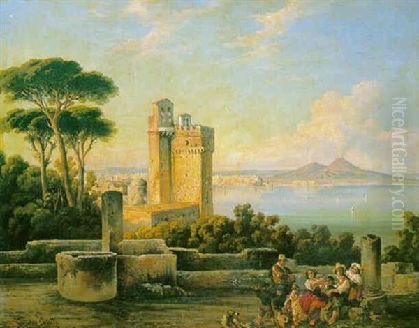 Family Group Before Ruins, The Bay Of Naples Beyond - view 1