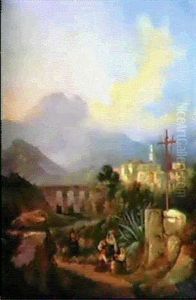 Figures Before A Shrine In An Extensive Italianate Landscape
