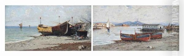 A Boat In The Bay Of Naples, Vesuvius Beyond; And Fishing Boats On A Shore, Naples (pair) - view 1