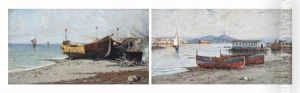 A Boat In The Bay Of Naples, Vesuvius Beyond; And Fishing Boats On A Shore, Naples (pair) by Giuseppe Carelli