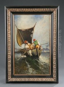 Ocean Scene Of Men In Rowboat On Choppy Water