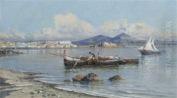A Fisherman Tending To His Nets On The Bay Of Naples, Vesuvius Beyond - view 1
