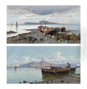 A Fisherman Tending To His Nets On The Bay Of Naples, Vesuvius Beyond And Boats On The Shore, Capri Beyond (pair) by Giuseppe Carelli