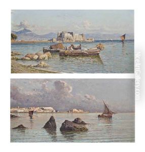 Fishermen Before The Castel Dell'ovo (+ On The Bay Of Naples, Vesuvius Beyond; Pair) by Giuseppe Carelli