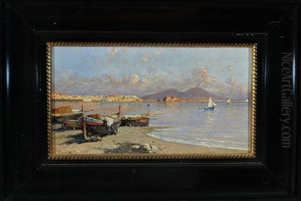 Boote Am Ufer Der Neapolitanischen Kuste Und Blick Auf Den Rauchenden Vesuv - view 1