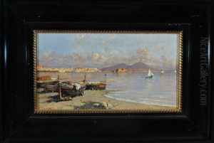Boote Am Ufer Der Neapolitanischen Kuste Und Blick Auf Den Rauchenden Vesuv