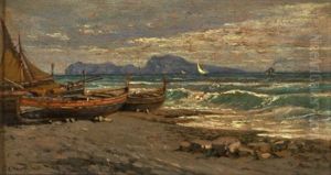 Fischerboote Am Strand Vom Golf Von Neapel, Im Hintergrund Capri by Giuseppe Carelli