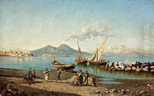 A View Of The Bay Of Naples With Figures Dancing On The Shore