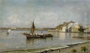 Pozzuoli. Fischer In Ihren Booten Auf Dem Wasser Vor Der Stadt by Giuseppe Carelli