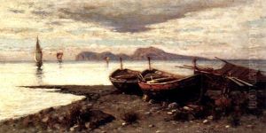 A View Of The Mediterranean With Fishing Boats Ashore In The Foreground And A View Of Capri Beyond by Giuseppe Carelli