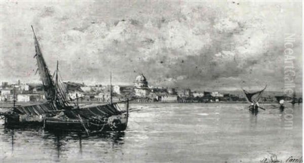 Lake Landscape With Fishing Boats In A Calm, A Town Beyond - view 1