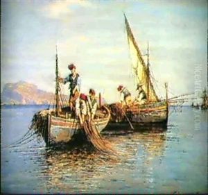 Fishermen Pulling In Their Nets by Giuseppe Carelli