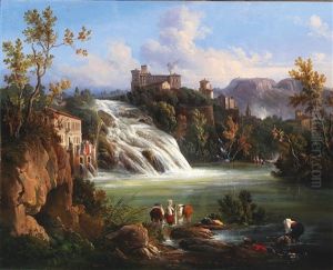A View Of Liri Island With Valcatoio Waterfall And Washerwomen In The Foreground