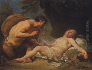 Un Satyre Devoilant Une Bacchante Endormie En Presence De Cupidon by Jacques Philippe Caresme