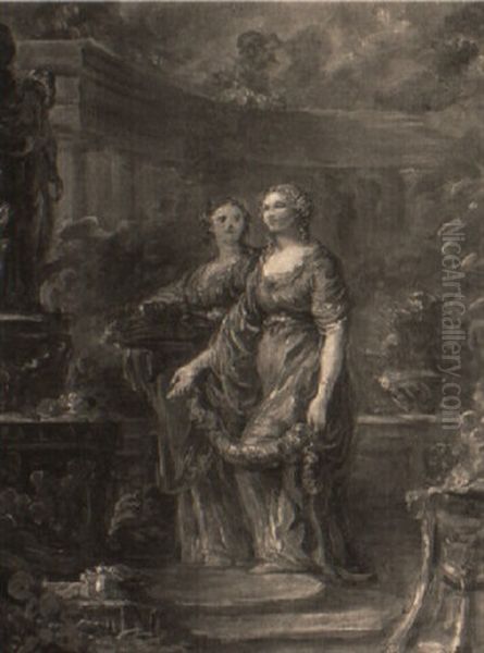 Maidens Making A Pagan Offering Of Garlands Of Flowers - view 1