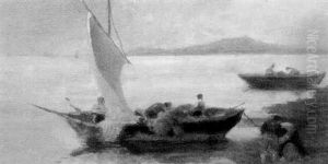 Fischer Mit Ihren Booten In Der Bucht Von Neapel by Vittore Antonio Cargnel