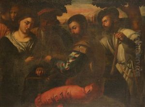 Figures At A Table Including A Man In A Slashed Doublet And Hose With An Extensive Landscape Beyond by Giovanni Cariani