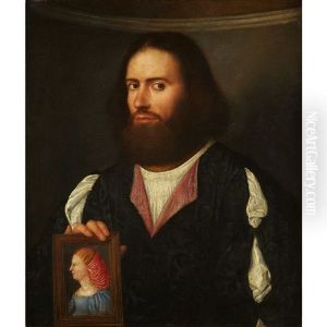 Portrait Of A Gentleman, Half-length, Holding A Portrait Of A Lady by Giovanni Cariani