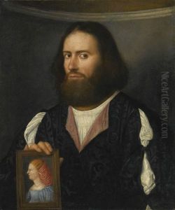 Portrait Of A Gentleman, Half Length, Holding A Portrait Of A Lady by Giovanni Cariani