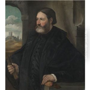 Portrait Of A Bearded Gentleman, Wearing A Black Shirt And Cape, Holding Gloves In His Right Hand And A Lemon In His Left, A Landscape Beyond by Giovanni Cariani