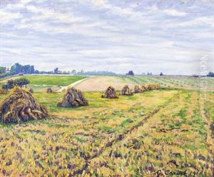 Champ Avec Gerbes De Paille A L'automne by Gustave Cariot