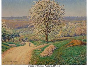 An Extensive Landscape With A Figure Walking On A Road by Gustave Cariot