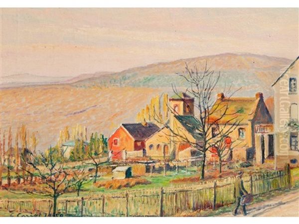 A Figure Walking Beside Buildings With Hills Beyond - view 1