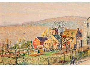 A Figure Walking Beside Buildings With Hills Beyond A Figure Walking Beside Buildings With Hills Beyond