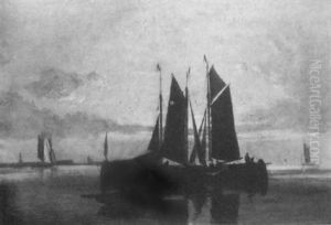 Fisherman Tending Sails In A Harbor by Francois Carlebur II