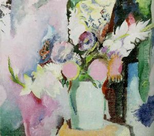 Still Life With Pansies And Gladiolas by Arthur Beecher Carles