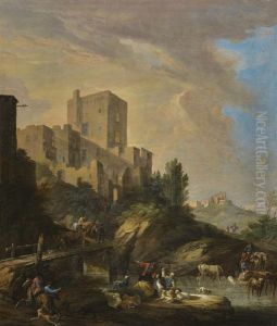 An Italianate Landscape With A Castle On A Hill, And Figures With Animals In The Water And Crossing A Bridge In The Foreground by Luca Carlevarijs