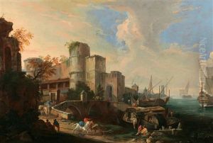 An Idealised Harbour Scene With A Fort And A Horseman In The Foreground