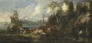 A Capriccio View Of A Port With Stevedores Loading Barges In The Foreground by Luca Carlevarijs