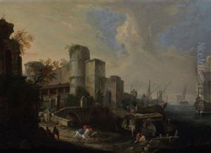 A Coastal Inlet With A Horseman Crossing A Bridge In The Foreground by Luca Carlevarijs