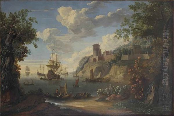 An Italianate Landscape With Shipping Activities In A Rocky Inlet, A Fortified Town With A Temple On The Rocks Beyond - view 1