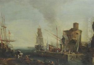 A Classical Seaport With Figures And Horse On A Quay