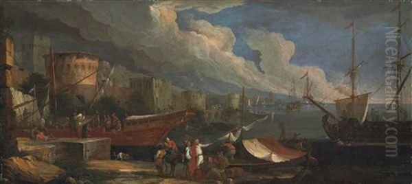 A Coastal Landscape With Figures Conversing On The Harbour And Anchored Ships Beyond - view 1