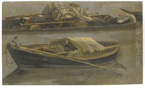 A Boat With Two People Seated Inside And A Barge With Merchandise by Luca Carlevarijs
