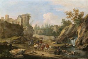 Reisende An Einem Fluss In Einer Felsigen Landschaft Mit Ruinen by Luca Carlevarijs
