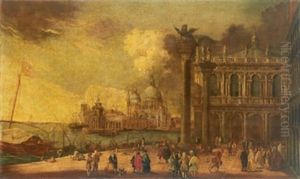 La Piazzetta Con La Biblioteca Marciana, In Fondo L'ingresso Al Canal Grande Con La Punta Della Dogana E La Chiesa Della Salute A Venezia