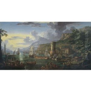 A Mediterranean Port At Sunset With Moored Battleships, Figures Unloading Their Wares From Various Boats And Bathers On A Bank