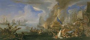 A Sea Battle With Sardinian And Venetian Warships And Sardinian And Egyptian (?) Galleys In The Foreground by Luca Carlevarijs