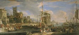 A Capriccio Of A Mediterranean Seaport With Austrian Shipping, Merchants And Sailors On Quays, A Company Of Militia Near The Arch Of Constantine And Castel Sant'angelo Beyond