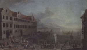 View Of A Port With Mountains In The Distance by Luca Carlevarijs