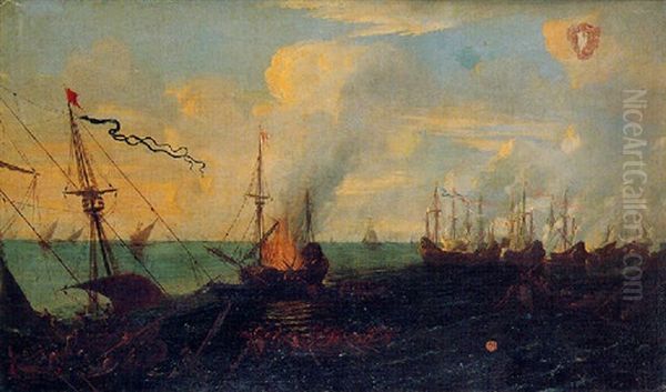 Scene De Bataille Navale Avec L'incendie D'un Bateau - view 1