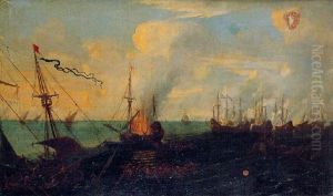 Scene De Bataille Navale Avec L'incendie D'un Bateau by Luca Carlevarijs